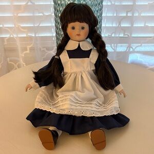 16” Vintage Porcelain Doll with Navy Blue and White Outfit - Adorable